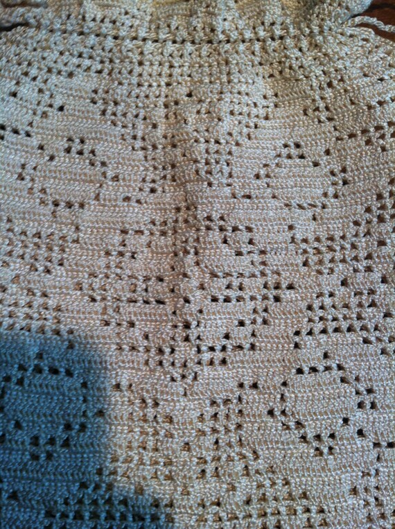 Antique White Filet Crochet Bridal Drawstring Bag… - image 4