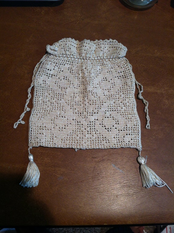 Antique White Filet Crochet Bridal Drawstring Bag… - image 2