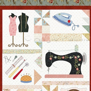 Peut inclure: Un bloc de courtepointe patchwork coloré mettant en scène des outils de couture et de quilting. Le motif comprend une machine à coudre, un fer à repasser, un mannequin de couture, des chutes de tissu, un coussin à épingles, des ciseaux, une règle, un découseur et un cerceau à broder.