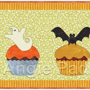 May include: Six Halloween-themed cupcakes with various decorations, including a witch's legs, Frankenstein, a ghost, a bat, a brain, and a tombstone with the text "R.I.P."