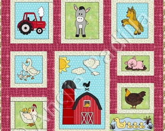 Mönster för applikationsquilt på gården: Nyckfullt barnquilt i två storlekar (digital PDF)