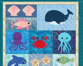 May include: A colorful patchwork quilt featuring various sea creatures, including a whale, octopus, crab, jellyfish, dolphin, starfish, seashells, seahorse, and seaweed. The quilt is made of different fabrics and textures, creating a whimsical and playful design.