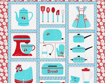 Vintage Kitchen  | Applique Quilt Pattern | Cozy Kitchen Home Decor | Downloadable PDF pattern | Angie Padilla Quilt Designs