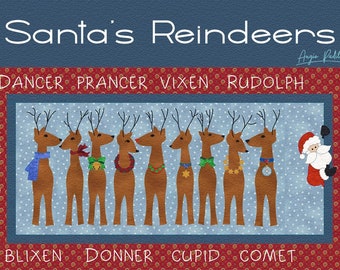 Santa's Reindeers | Applique Wall Hanging or Runner| DIGITAL PDF Quilt Pattern | Whimsical Christmas Quilt | Angie Padilla Quilt Designs