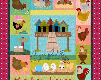 Modello per trapunta con applicazione a forma di pollaio: decorazioni da cucina con galline bizzarre (PDF digitale)