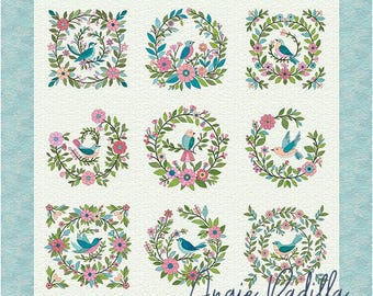 Birds in Bloom キルトパターン：モダンなアップリケの花柄デザイン（デジタル PDF）