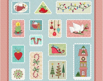 May include: A blue and red Christmas quilt with a variety of festive images, including a bell, a candle, a gingerbread man, a dove, a sleigh, a candy cane, a Christmas tree, and a house. The images are arranged in a grid pattern and are surrounded by a white border.