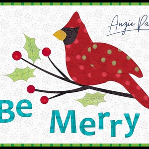 May include: A festive illustration featuring a red cardinal with green polka dots perched on a branch with holly berries and leaves. The words "Be Merry" are in turquoise block letters. The image has a green and black border.