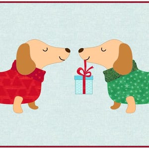 May include: Two dachshund dogs wearing festive sweaters, one red and one green, are facing each other. The dog on the right is holding a blue gift box with a red ribbon.