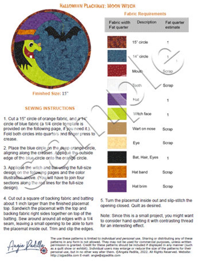 Download this cute Halloween placemat quilt pattern featuring an appliqued moon witch and bat design, perfect for spicing up your holiday table decor! Step-by-step instructions.