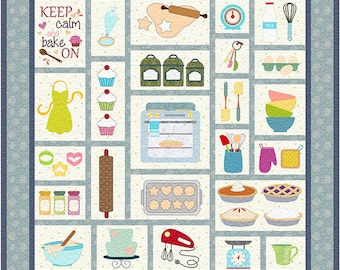 Bake On! Applique Quilt Pattern, Lap Quilt, Whimsical Kitchen Designs, PDF pattern