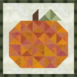 May include: A patchwork pumpkin made of orange, yellow, and red fabric triangles. The pumpkin is surrounded by a green plaid border.