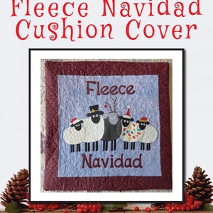 Get festive with the Fleece Navidad applique cushion cover pattern. Create a whimsical holiday decor featuring five sheep in Christmas hats. Perfect for cozy and joyful Christmas vibes.