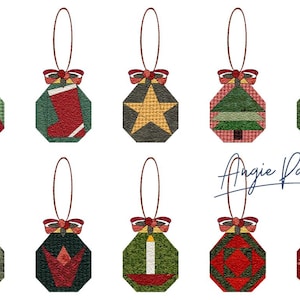 May include: A collection of ten Christmas ornaments with various festive designs. Each ornament features a unique patchwork pattern, including a bell, stocking, star, Christmas tree, and heart. They are adorned with red bows and hanging loops.