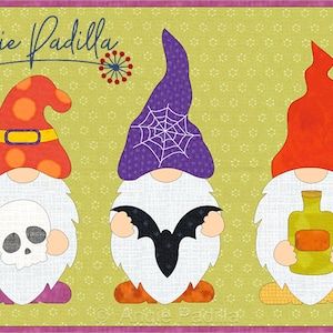 May include: Three Halloween gnomes with different hats and accessories. The gnome on the left has a red and orange hat with white polka dots and is holding a white skull. The middle gnome has a purple hat with a white spiderweb and is holding a black bat. The gnome on the right has a red hat and is holding a green bottle.