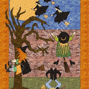 Whimsical Witches Applique Quilt Pattern: Halloween Scene (Digital PDF)