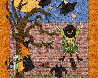 Splat! Whimsical Witches Applique Quilt Pattern: Halloween Scene (Digital PDF)