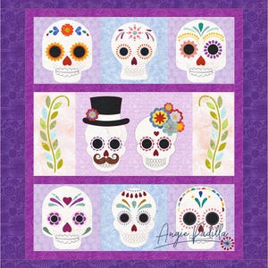 Day of the Dead | Applique Quilt Pattern | DIGITAL PDF Quilt Pattern | Halloween Wall Hanging| Sugar Skulls | Angie Padilla Quilt Designs