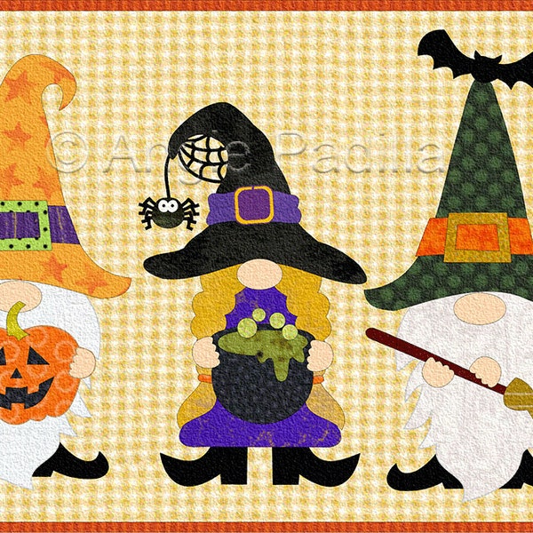 Halloween Gnomes | Applique 9 x 6" Pattern | DIGITAL PDF Pattern | Halloween Mug Rug | Whimsical Gnomes | Angie Padilla Quilt Designs