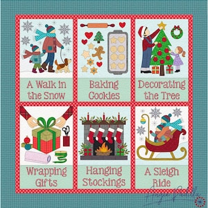 Op de afbeelding: Een kleurrijke illustratie van zes verschillende kerstactiviteiten: een wandeling in de sneeuw, koekjes bakken, de kerstboom versieren, cadeautjes inpakken, kousen ophangen en een sleetocht. Elke activiteit wordt afgebeeld in een apart vierkant met een titel eronder.