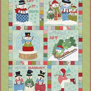 Frosty Frolics | Quiltpatroon appliqué | Digitaal pdf-patroon | Kerstmuurhanger | Grillige sneeuwmannen | Quiltontwerpen Angie Padilla