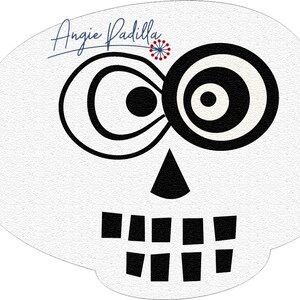 May include: A white skull with black eyes and teeth. The eyes are drawn in a swirling pattern. The skull is on a white background.