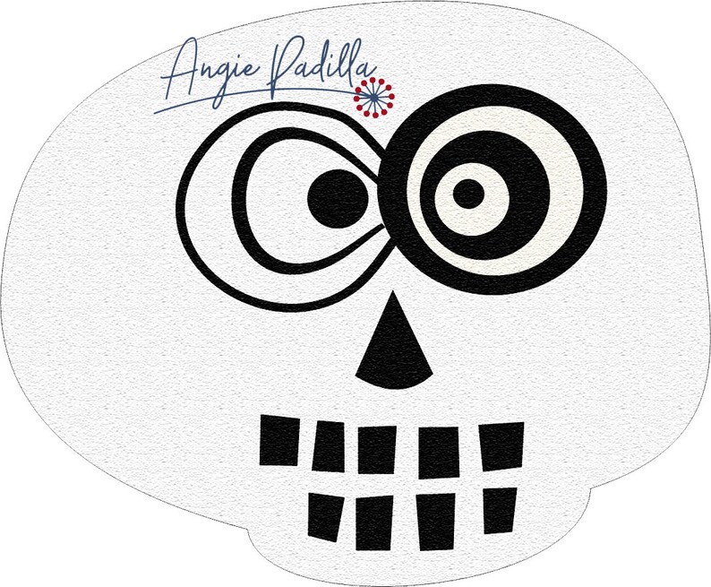 May include: A white skull with black eyes and teeth. The eyes are drawn in a swirling pattern. The skull is on a white background.