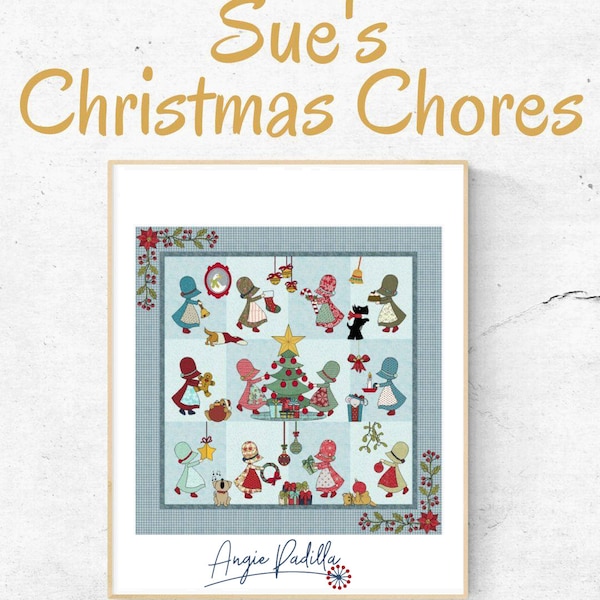 Sue's kerstklusjes | Kerstlapquilt | Sunbonnet Sue | DIGITALE PDF-quiltpatroon | Angie Padilla-quiltontwerpen