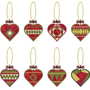 May include: Eight heart-shaped Christmas ornaments with gold hanging loops. Each ornament has a red textured background with various geometric designs in green and gold. Small red bows with green accents are at the top.