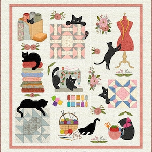 Sewing Cat Applique Quilt Pattern: Whimsical Black Cat Design (Digital PDF)