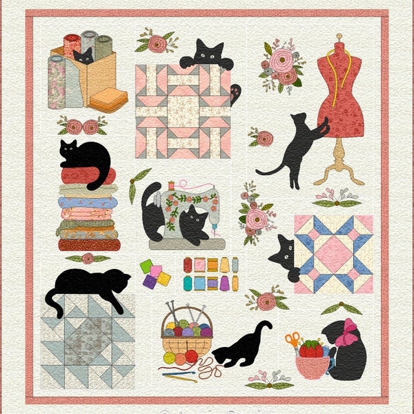 Chat à coudre | Courtepointe appliquée | Patron PDF NUMÉRIQUE | Fantastique | Chat noir | Thème couture | Édredon de chat | Modèles de courtepointe Angie Padilla