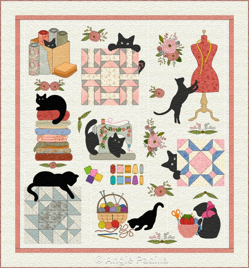 Craft a charming DIY quilt with our downloadable "Sewing Cat" applique pattern. Ideal for sewing enthusiasts looking for whimsical sewing room decor.