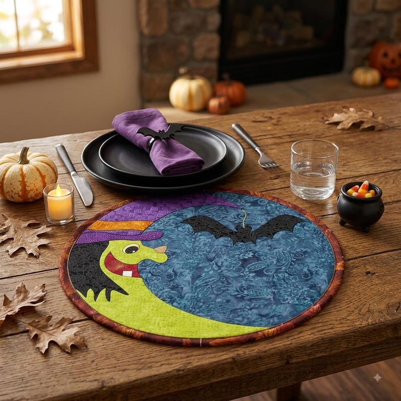 Applikationsmönster för månhäxa: Halloween-täcke med bordsunderlägg (digital PDF) bild 1