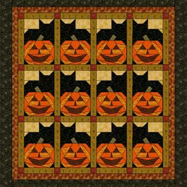 Chats citrouilles | Modèle de courtepointe en papier | Modèle de courtepointe PDF NUMÉRIQUE | Courtepointe taille tour d’Halloween | Courtepointe pour chat | Modèles de courtepointes Angie Padilla