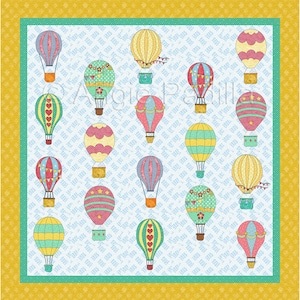 Pode incluir: Um fundo azul com um padrão de diamantes brancos. Existem 18 balões de ar quente em várias cores e padrões, incluindo vermelho, amarelo, rosa, verde e azul. Cada balão tem uma cesta embaixo.