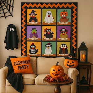 May include: A Halloween-themed quilt with nine square panels, each featuring a cartoon chicken dressed as a different Halloween character. An orange pillow with the text "Eggsorcist Party" sits on a beige couch, with a carved pumpkin and a black witch hat.