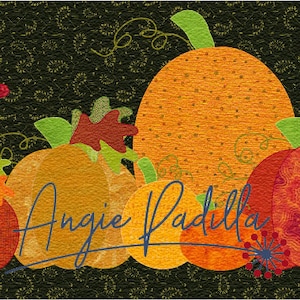 May include: A row of colourful, patchwork pumpkins in various sizes and patterns, with green stems and leaves. The pumpkins are arranged on a dark green background with a white swirl pattern. The text "Angie Padilla" is visible in the centre of the image.
