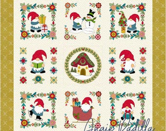 May include: A white background with a gold border features nine squares with different images of gnomes in various winter scenes. The squares are surrounded by a pattern of red and green flowers. The text "Angie Padilla" is written in black cursive at the bottom of the image.