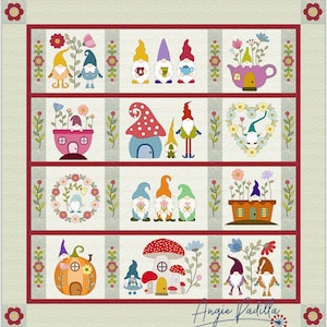 May include: A colorful quilt block design featuring gnomes in various poses and settings. The gnomes are depicted with red, blue, green, and yellow hats and clothing. The background is a light beige with red and green accents. The quilt block is titled "Angie Padilla".
