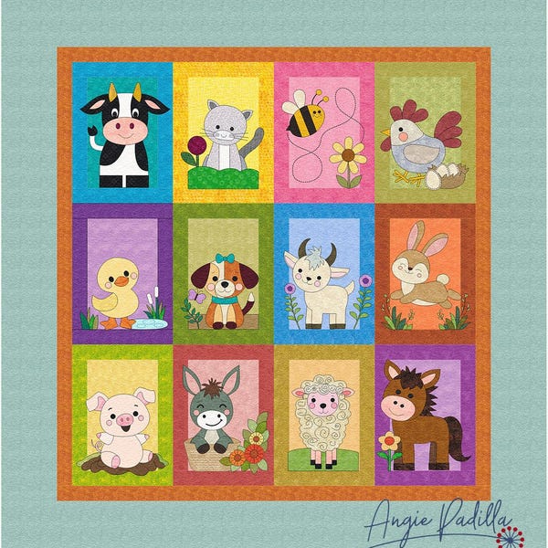 Quiltpatroon van Farm Friends-appliqué: grillige wiegquilt (digitale pdf)