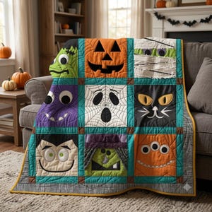 Pode incluir: Uma manta acolchoada com uma grade de nove painéis quadrados, cada um exibindo um personagem de Halloween diferente, incluindo uma abóbora, uma múmia, um fantasma, um gato preto, um vampiro, um monstro e uma bruxa, em cores vibrantes.
