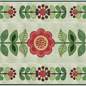 May include: A red, green and white floral design with a repeating pattern of stylised flowers and leaves. The design is on a beige background and includes the signature "Angie Padilla".