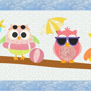 May include: A whimsical illustration features five cartoon owls perched on a brown branch. The owls are dressed in beach attire, including sunglasses, a sun hat, and swimsuits. One owl holds a surfboard, and another has a beach ball. The background is a light blue and white pattern.
