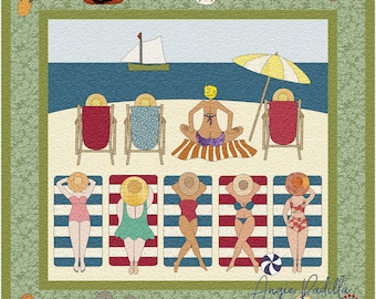 Mönster för Beachside Belles-applikationsquilt: Strandstuga-tema vid havet (digitalt PDF-mönster)