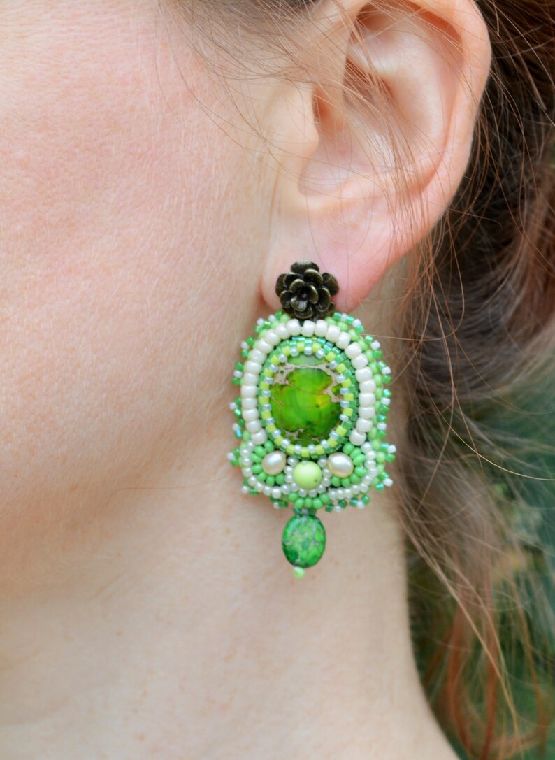 Green Jasper Earrings Bead Embroidered Earrings Green Etsy