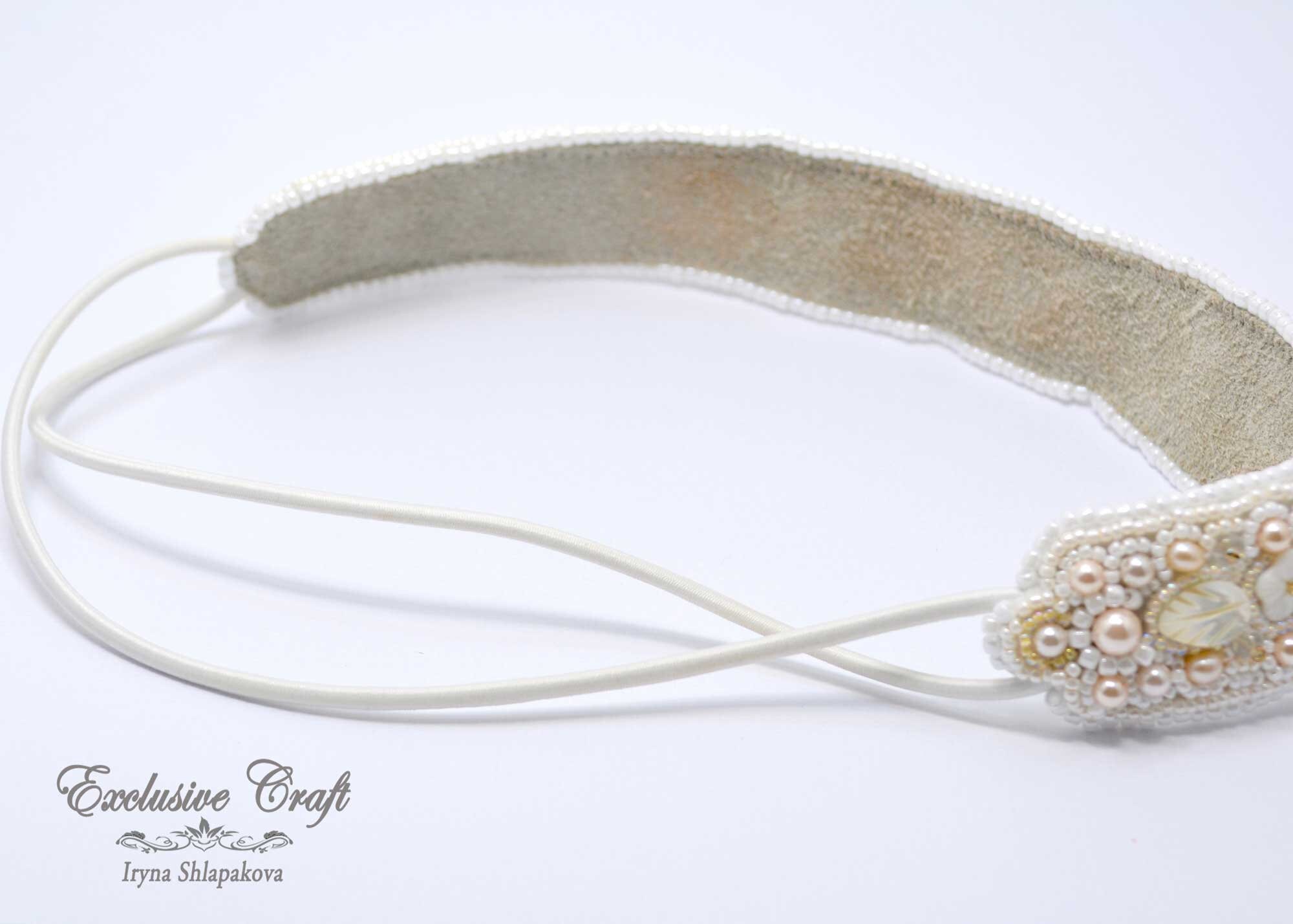 Bridal White Bead Embroidered Hair Band, Bridal Head Accessories, White