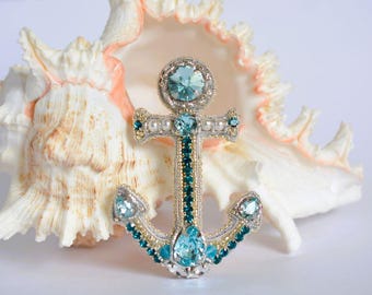 Bead embroidered Anchor brooch, unique bead embroidery Anchor pin, blue Anchor jewelry, Sea accessory, unique beach lover gift handmade