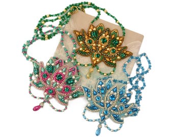Beading Kit + PDF Tutorial Lotus necklace, bead embroidery pattern Lotus flower, Lotus beading tutorial, gold work Lotus pattern and kit