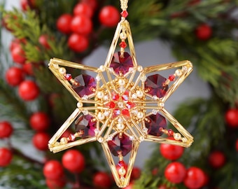 Handcrafted red gold Christmas ornament Star, unique beaded Christmas ornament, unique Christmas gift, beaded red crystal star ornament