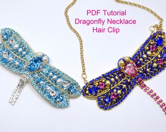 PDF tutorial bead embroidered dragonfly necklace, beginners beading tutorial, beading pattern, seed beads tutorial, easy beading pattern